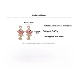 Detailed view of fan-shaped tiered earrings featuring pink zircons and silver needles