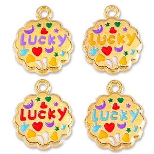 Set of four gold lucky cookie charms in purple yellow red and light blue enamel colors