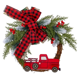 Christmas wreath with a red truck, green pine branches, berries, and a plaid bow decoration