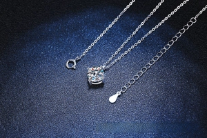 Detailed close-up of S925 silver necklace featuring a six-prong set round moissanite pendant