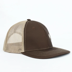 Detail of brown and beige trucker hat with mesh back and embroidered graphic logo