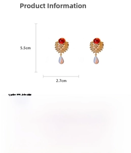 Detail showing vintage gold teardrop pearl earrings with dimensions and material specs