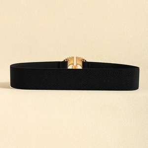 Elegant black elastic waist belt for women with a decorative golden alloy buckle
