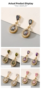 Detail showing five colors of water drop earrings with cubic zirconia in gold plating