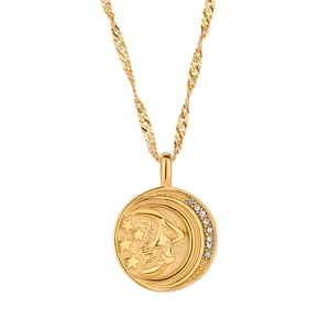 Collier pendentif pièce lune et étoiles dorées avec zircon serti pour femme