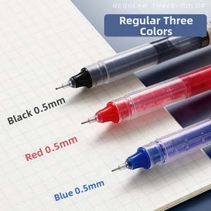 Macro view of 0.5mm needle tip liquid ink pens in black, red, and blue ink set