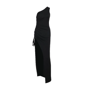 One-shoulder black slim-fit maxi dress with high side slit and drawstring metal rings