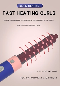 Detail showing PTC heating core and air vortex flow for automatic hair wrapping