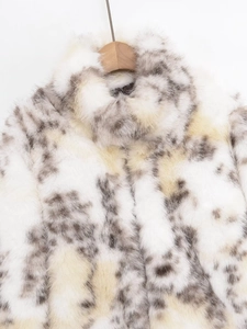 Detail of leopard print faux fur coat collar showing soft texture and realistic pattern