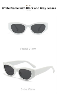 Macro detail of white cat-eye sunglasses with grey lenses showing front and side views