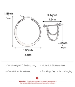Detailed size specifications for stainless steel gothic hoop earring and chain cuff set