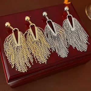 Tassel Dangle Earrings For Women Copper Geometric Triangle Metal Bead Chain With Silver Earring Post Chic Style
