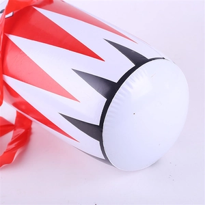 Detail of inflatable PVC prop showing red and white pattern and airtight bottom seal