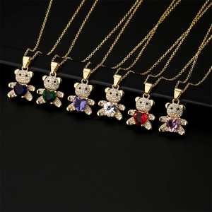 Collier Pendentif Ours En Peluche Mignon Cuivre Plaqué Or Pierre Cœur Micro Pavé Zircon Bijoux Pour Femmes