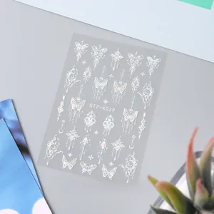 Macro shot of 3D laser silver butterfly nail stickers with hollow floral patterns STZ-X039