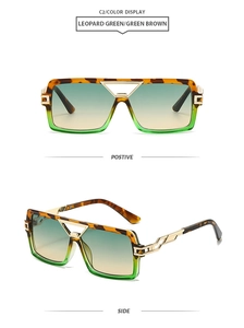 Detailed views of leopard print square sunglasses with hollow gold metal temples and gradient lenses