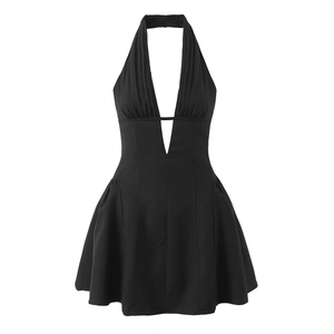Halfter Hals Mini Kleid Für Frauen Tiefer V Rückenfrei Sexy Spitze Patchwork Plissee A-Linie Swing Saum Vintage Polyester