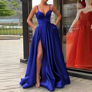 Satin Evening Dress Spaghetti Straps V Neck High Slit Floor Length Formal Party Gown Elegant Prom Women