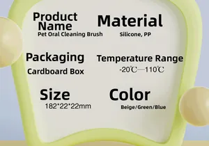 Specifications for silicone pet toothbrush measuring 182x22mm with temperature range