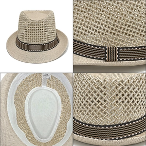 Detail view of cream straw fedora hat featuring 100% paper weave and size 58 label