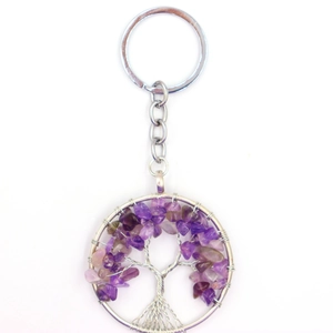 Silver life tree keychain with purple amethyst raw crystal stones and twisted wire design