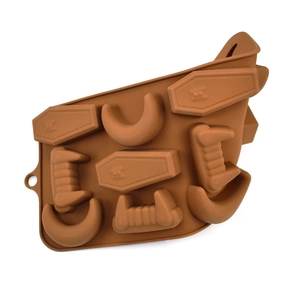 Brown silicone mold details featuring coffin and crescent moon shapes for chocolate and candy