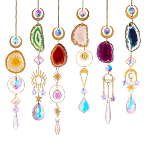Agate slice suncatcher with crystal prism pendants and celestial metal charms set