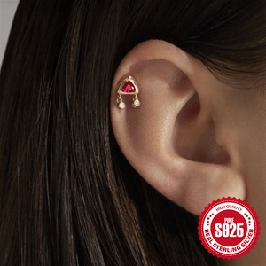 S925 sterling silver earring with red triangle stone and white droplets on ear