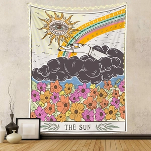 Bohemian tarot The Sun wall tapestry hanging in a cozy room with string lights