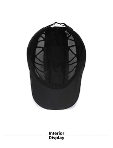Interior view showing breathable mesh vents and adjustable strap of black outdoor cap