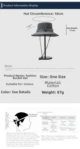 Detailed size chart for cotton bucket hat with adjustable drawcord for outdoor hiking