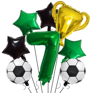 Detailed view of #7 soccer party kit with golden trophy and star foil balloons