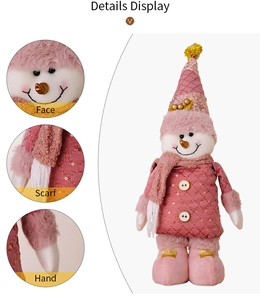 Detail display of pink Christmas snowman plush with face, scarf and hand close-up shots