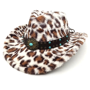 Leopardenmuster Western-Cowboyhut aus Kunstpelz mit Nietengürtel und Sonnenblumen-Schnalle