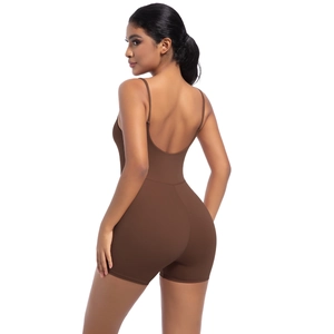 Detail view of the deep brown backless yoga bodysuit with high elastic fabric