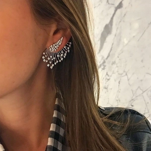 Vintage Silver Zinc Alloy Fan Radiant Rhinestone Ear Jackets For Women Fashion Chic Leaf Style Inlaid Rhinestone Stud Earrings With Stainless Steel Earring Post
