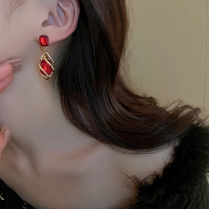 Retro gold earrings with square red crystal drop and rhinestone accents for women