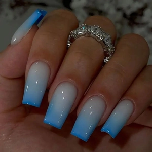 Blue and white gradient long square press-on nails with dark blue edge details