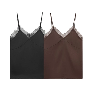 Canotta Camisole In Raso Sexy Da Donna Bordo In Pizzo Scollo A V Spalline Regolabili Moda Tinta Unita Liscia Senza Maniche