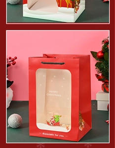 Detail of red Christmas gift bag with clear window and Santa Claus illustration