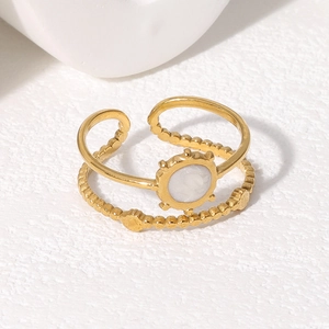 Golden double-layered open ring with white round inlay and heart texture accents