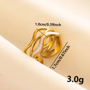 Detailed size specifications of wavy gold open ring with white enamel inlay accents