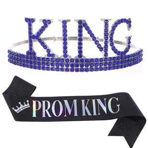 Detail of silver crown with blue rhinestones and black Prom King sash for party gifts