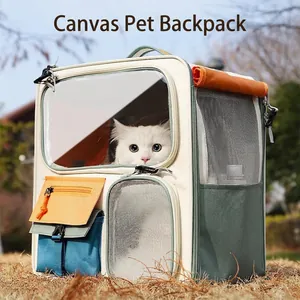 Pet Carrier Backpack Canvas Breathable Mesh Large Capacity Portable Travel Bag With Transparent Window For Cats Small Dogs