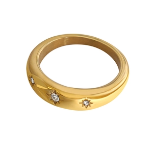 Minimalist wide gold-plated ring with etched starburst patterns and zircon stones