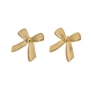Golden stainless steel bow stud earrings with textured 18k gold plating finish