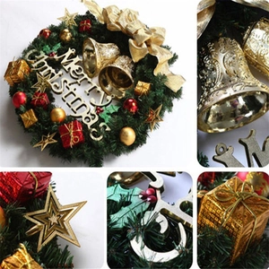 Classic Christmas wreath with green pine needles, gold stars, and red gift box ornaments