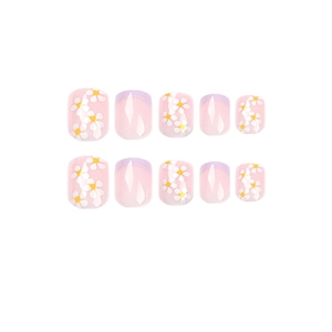 French tip press-on nails with purple edges and white daisy floral patterns in short square shape