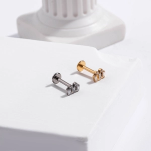 Close-up of G23 titanium push-pin studs with rectangular zircons on a white display