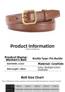 Size chart showing leather belt lengths from 90 to 110cm with pin buckle details